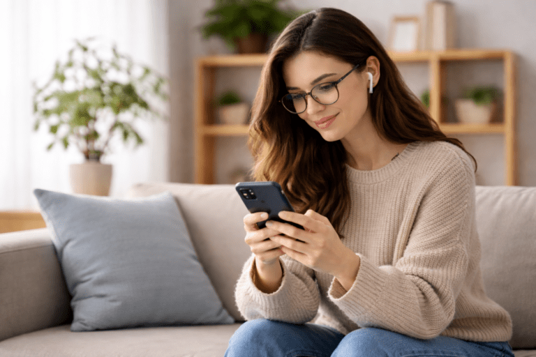 Mulher adulta lendo informações no celular sobre se supletivo online é reconhecido, sentada em um ambiente confortável em casa