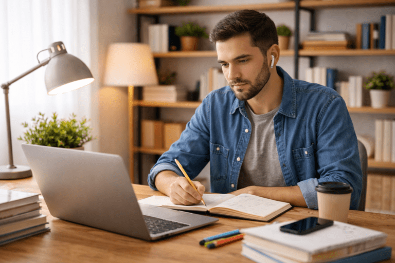 Homem adulto estudando pelo computador e fazendo anotações durante o EJA online, em um ambiente de estudo em casa
