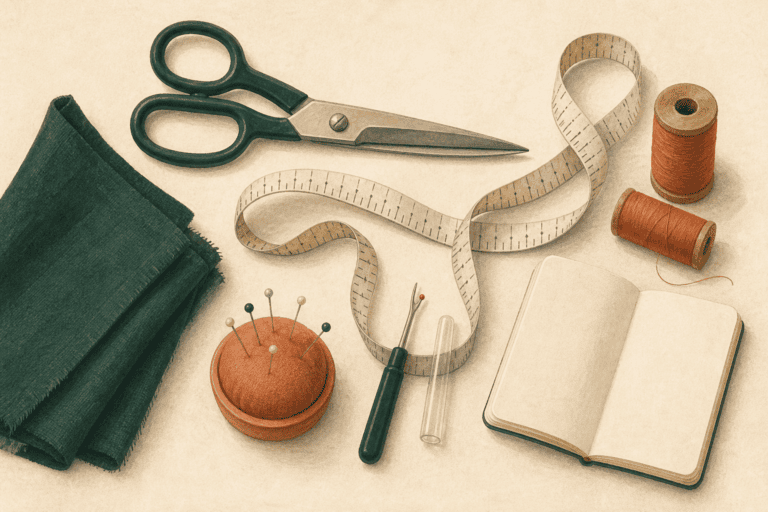 Ilustração dos materiais para começar a costurar: tesoura, fita métrica, linhas e tecido