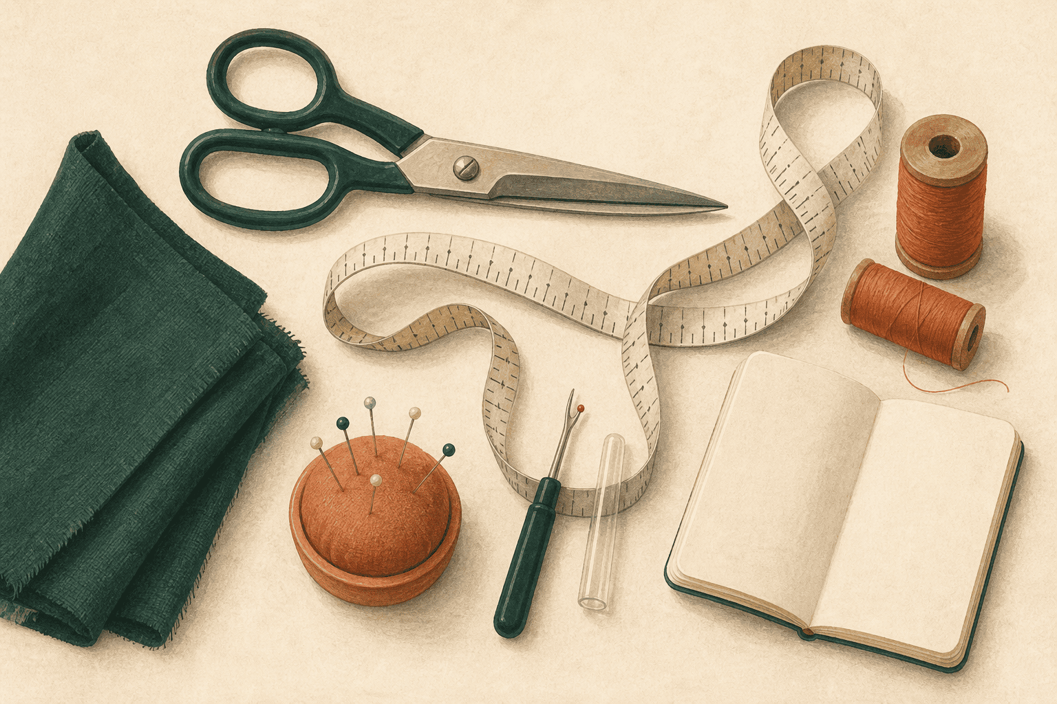 Ilustração de materiais para começar a costurar: tesoura, fita, linhas e tecido