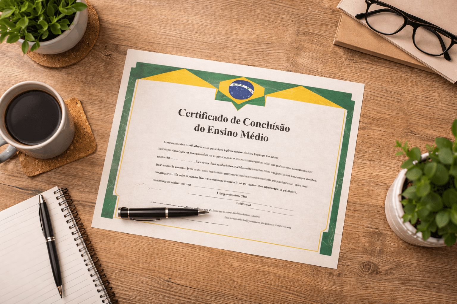 EJA online é reconhecido pelo MEC ilustrado por certificado de conclusão do ensino médio sobre mesa organizada, representando validade e reconhecimento oficial