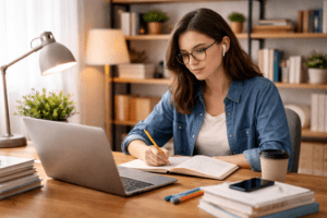 Mulher adulta estudando pelo computador e fazendo anotações durante o curso Supletivo EJA Da Vinci, em um ambiente de estudo em casa