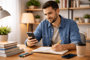 Homem adulto estudando pelo celular e fazendo anotações durante um supletivo online, em um ambiente de estudo em casa