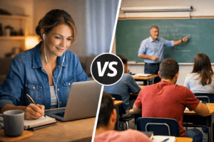 Diferença entre supletivo EJA e ensino regular representada por adulto estudando em casa no computador e alunos em sala de aula tradicional com professor